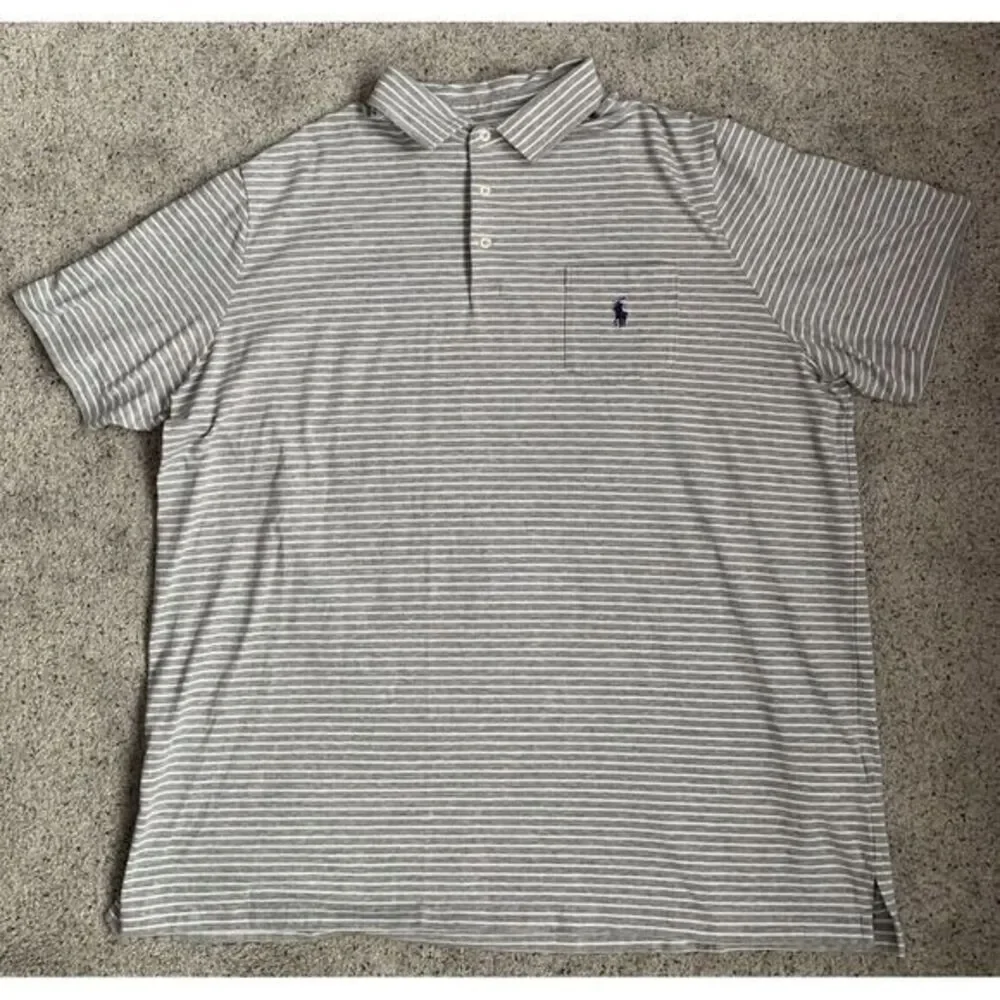 Polo Ralph Lauren Mens Gray Striped Performance Short Sleeve Polo Shirt L Or XL?
